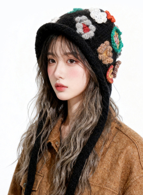 帽子女款新款花朵针织帽秋冬防寒保暖护耳绑带毛线帽韩系百搭冷帽