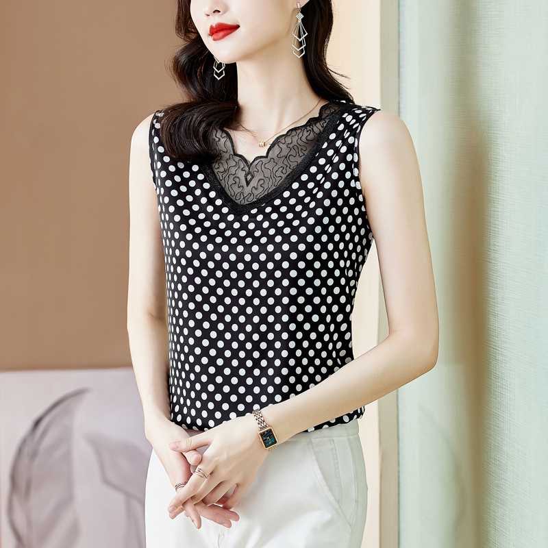 波点真丝吊带背心女西装内搭小衫性感v拼接蕾丝气质醋酸缎面上衣 - 图0