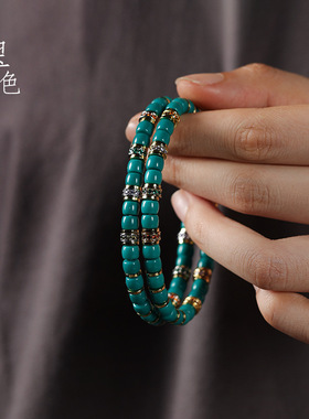 优化绿松石高瓷玉化手串归圆直切18k微镶彩钻黄金文玩手链
