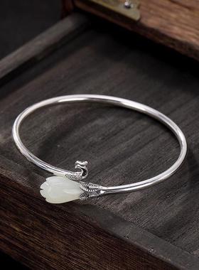 原创S925纯银古风和田玉白玉玉兰花古风小清新凤凰女开口手镯手环