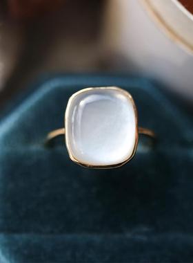 日系风白水晶贝母纯净通透方形双层石小众时尚设计百搭戒指女士款
