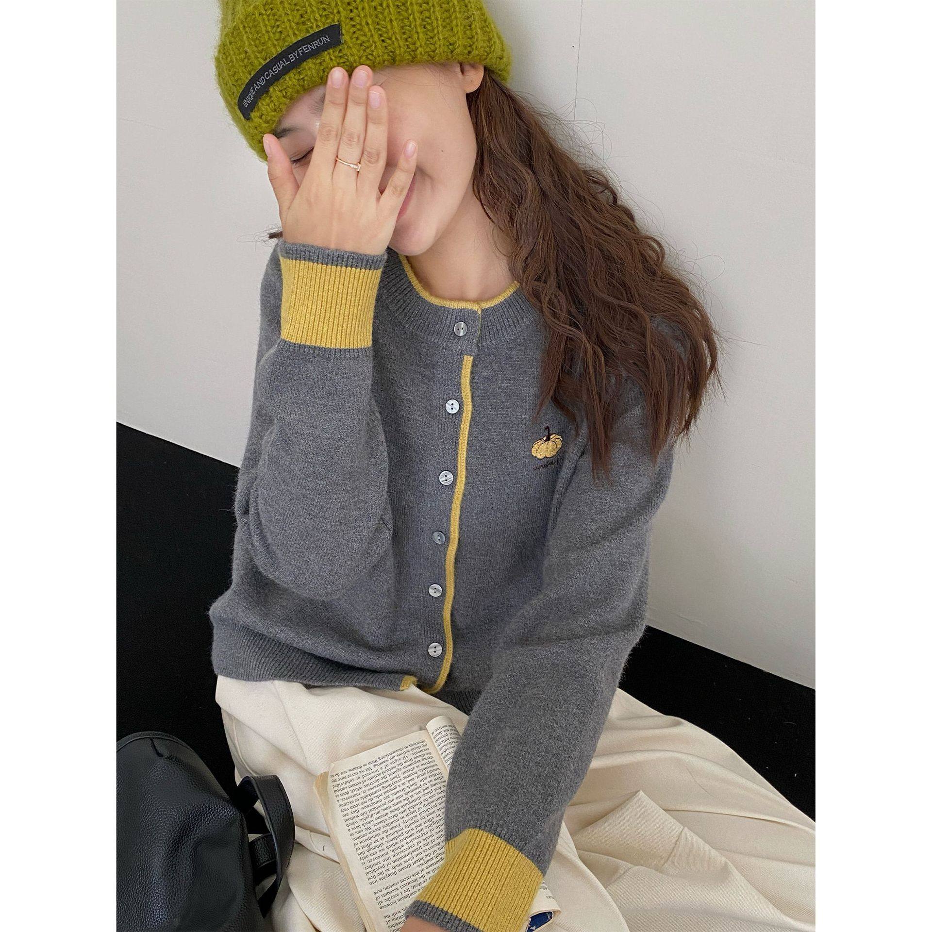 初秋慵懒风韩系清新感南瓜刺绣针织开衫女撞色圆领毛衣外套ZEZ10,淘宝优惠券,粉丝福利购,淘宝优惠卷