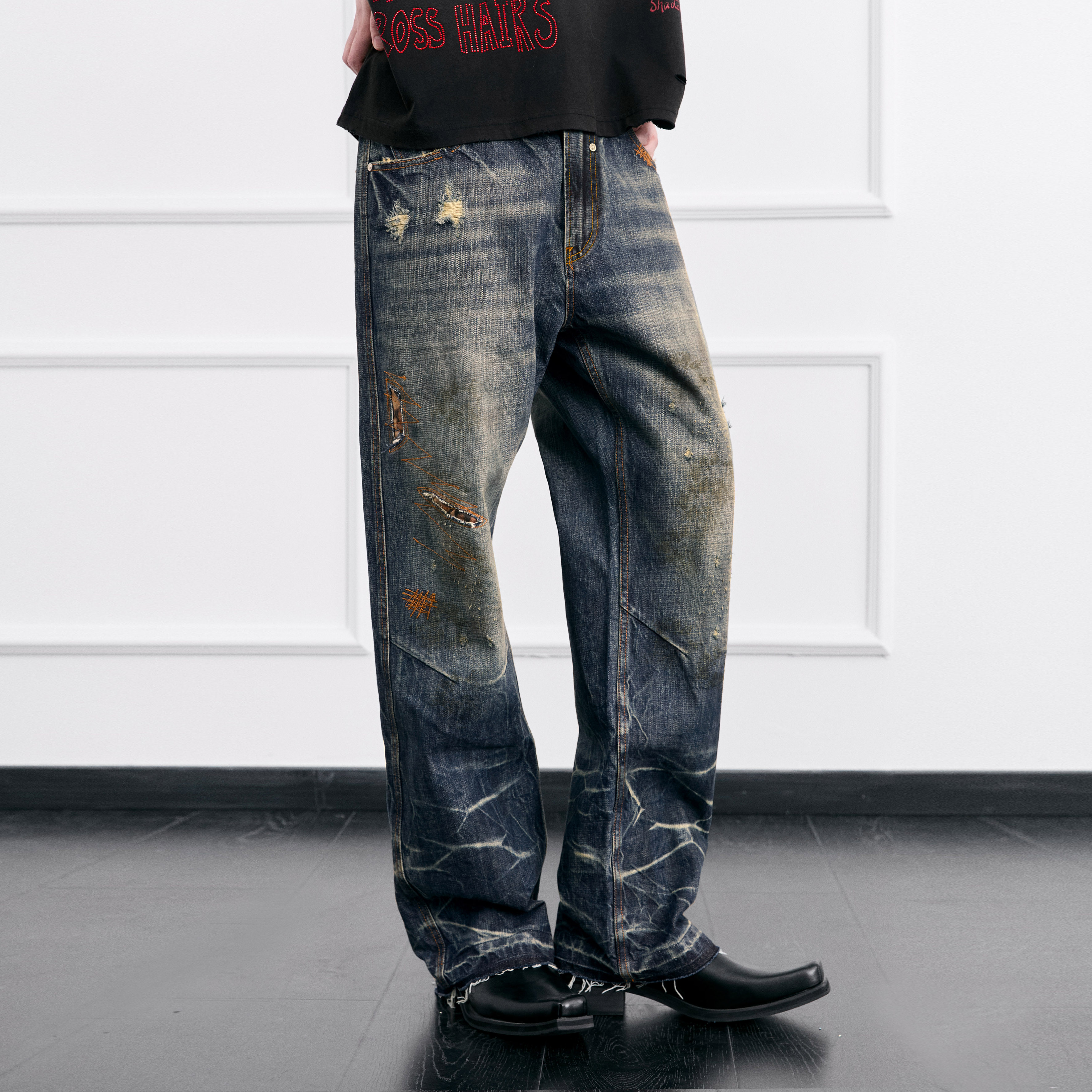 【侯明昊同款】FACEONLAB牛王设计师复古水洗做旧街头男女牛仔裤,淘宝优惠券,粉丝福利购,淘宝优惠卷