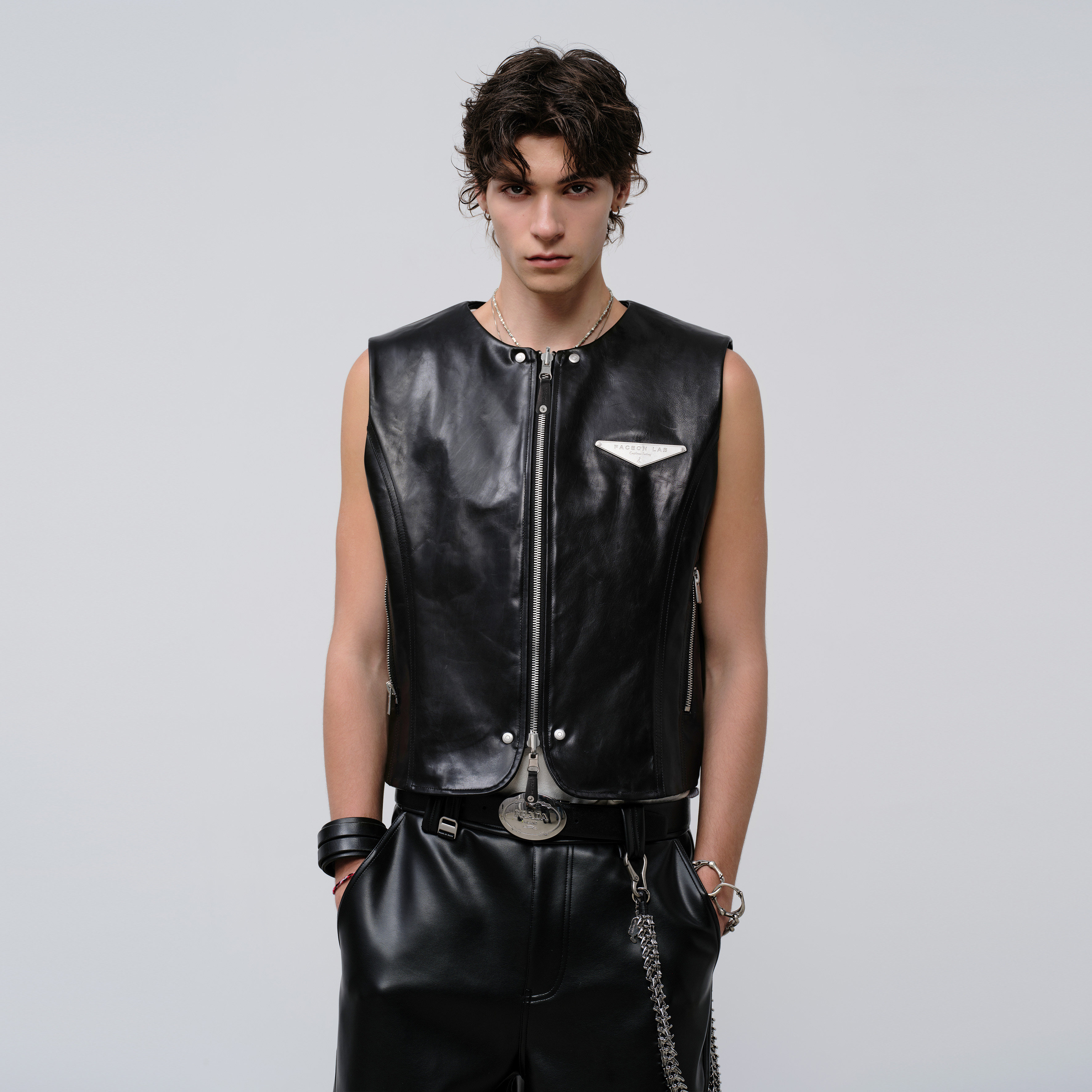 Reversible snake print punk zippered leather vest