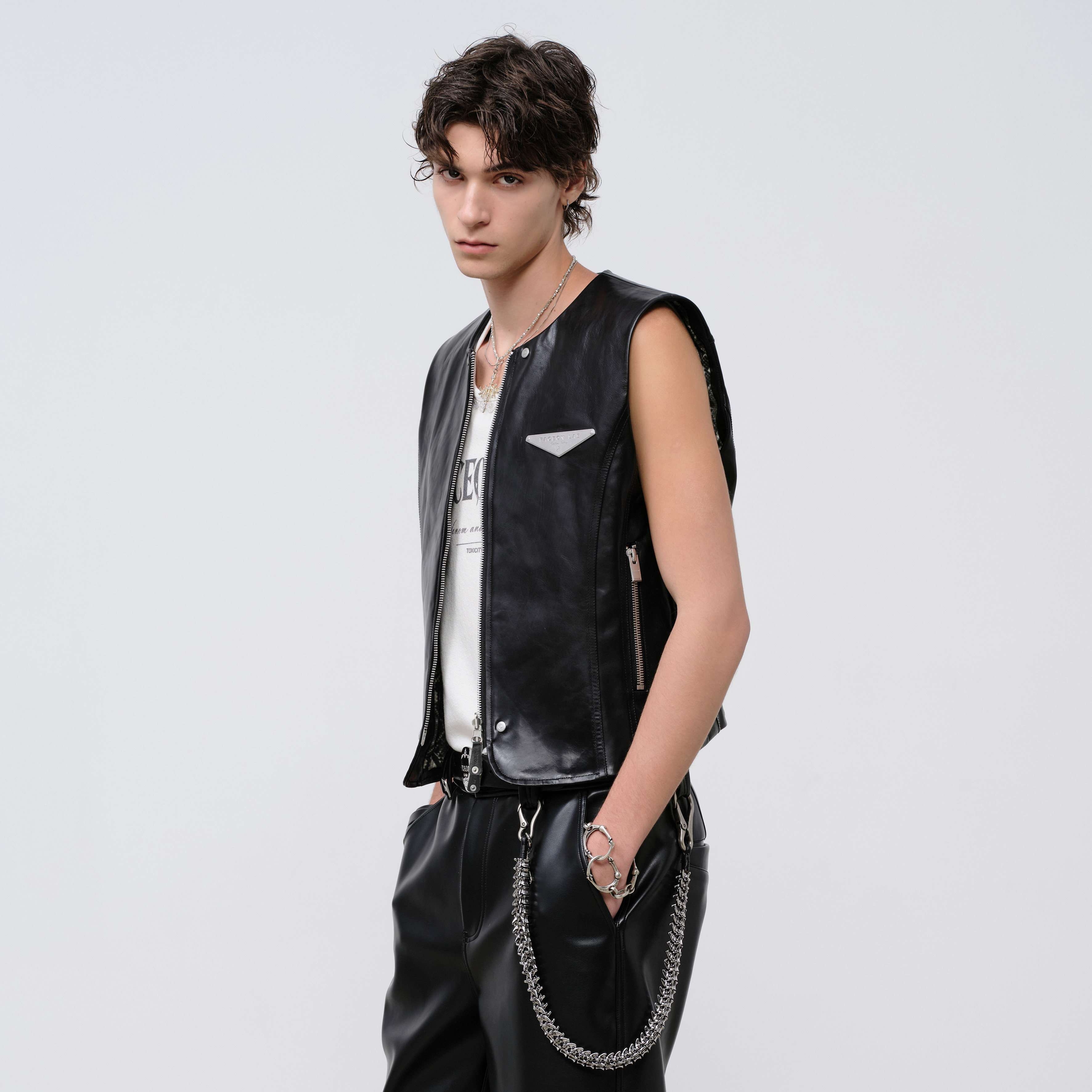 Reversible snake print punk zippered leather vest