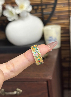 古法描金色戒指女新中式国风珐琅彩凤凰羽翎古典小众开口食指环女