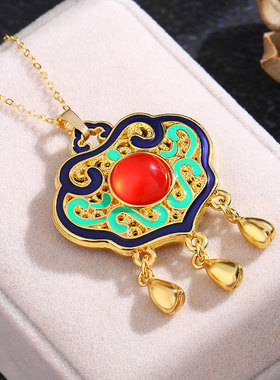 S925银仿南红玛瑙蛋面如意小锁珐琅彩流苏吊坠项链毛衣链古风搭配