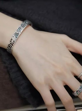 925银复古新中式彩贝几何涂鸦开口手镯子图腾珐琅做旧女小众设计