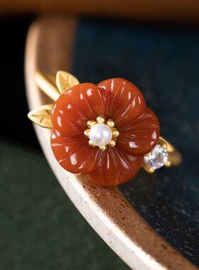 【腊梅】古法金天然红玉髓戒指梅花玛瑙复古古风气质女士开口指环