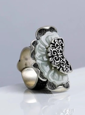 天青色蝴蝶戒指女款纯银民族风复古做旧厚实质感新中式开口指环