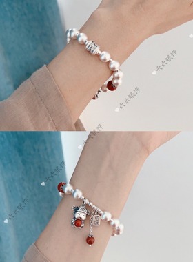 吉祥平安招财猫手串原创设计纯银古法珠DIY手工手链饰品手作饰品