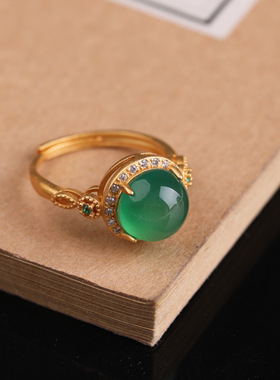 宫典国潮古法金色和田玉戒指女复古纯银指环中国风旗袍故宫手饰品