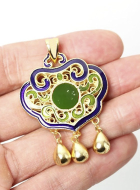 纯银吊坠景泰蓝沙金古法传承烧蓝古风平安项链女长命锁毛衣链