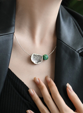 清冷民族风S925银荷叶琉璃项链