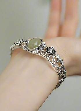 925银复古新中式荷花手镯子和田玉蛋面做旧开口调节锦鲤戏莲小众