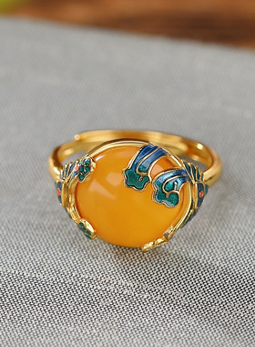 原创设计S925纯银镀金蜜蜡滴胶祥云蛋面镶嵌戒指国潮时尚优雅指环