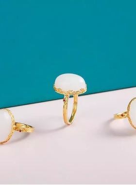 天然白玉蛋面椭圆戒指个性复古宫廷风精美礼物高级感特色饰品女