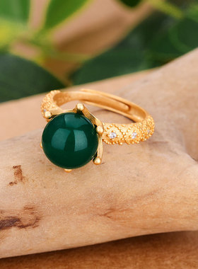 网红国潮汉服配饰扳指民族风古法镀金皇冠戒指镶嵌天然绿玉髓指环