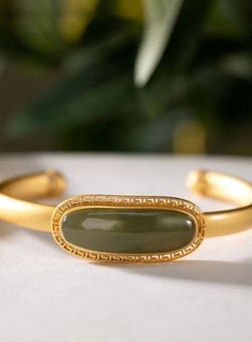 原创意S925银镀金天然和田青玉手镯个性简约古风花纹女手环