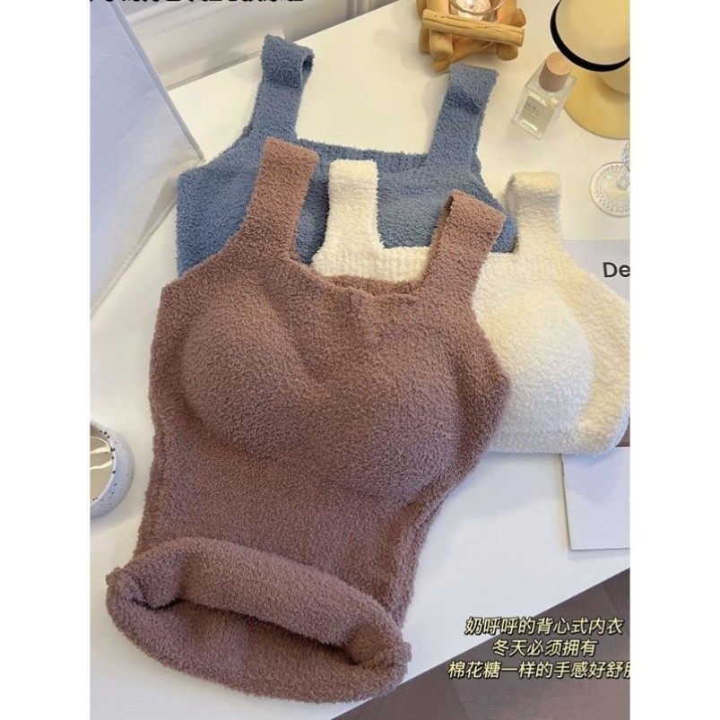羊羔绒保暖背心吊带女士带胸垫免穿文胸纯欲毛绒加厚秋冬保暖内衣 - 图0