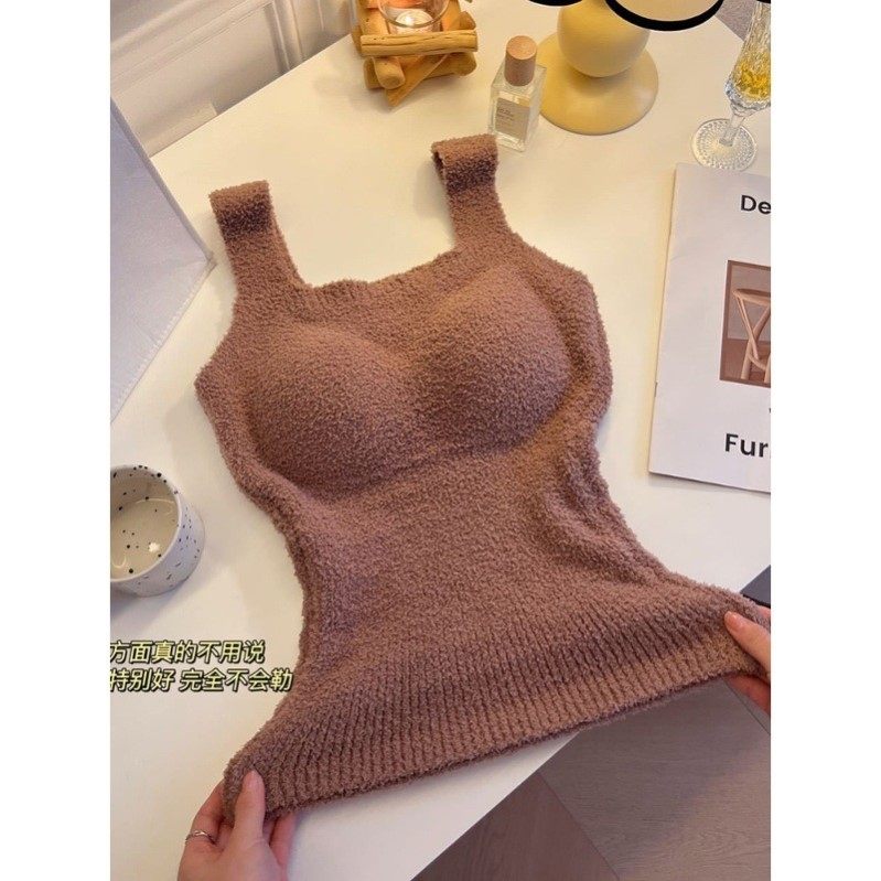 羊羔绒保暖背心吊带女士带胸垫免穿文胸纯欲毛绒加厚秋冬保暖内衣 - 图2