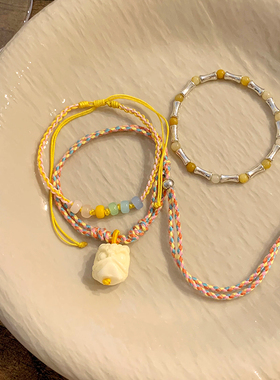 彩色醒狮编织绳女叠戴彩珠可调节