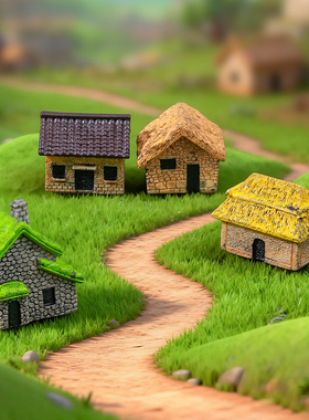 微景观手工复古茅草石屋房子摆件