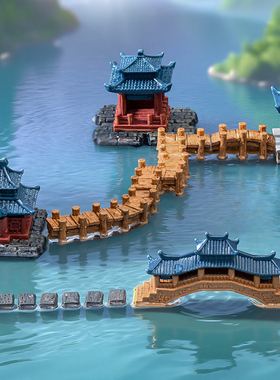 中式树脂古桥凉亭微景观建筑摆件