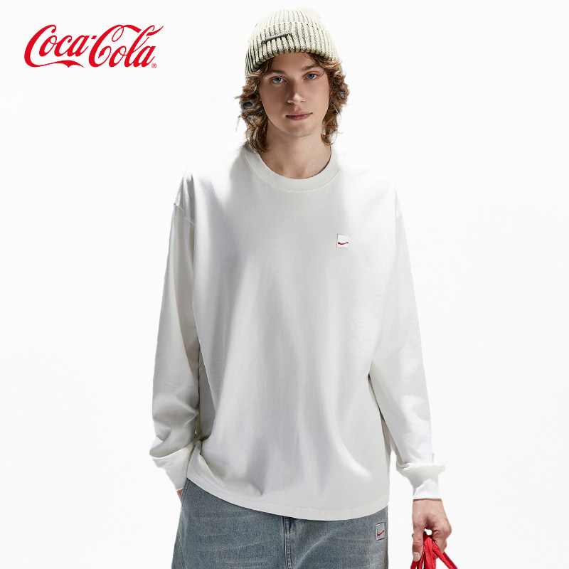 Coca-Cola/可口可乐 纯色刺绣打底衫美式落肩圆领长袖T恤男女同款,淘宝优惠券,粉丝福利购,淘宝优惠卷