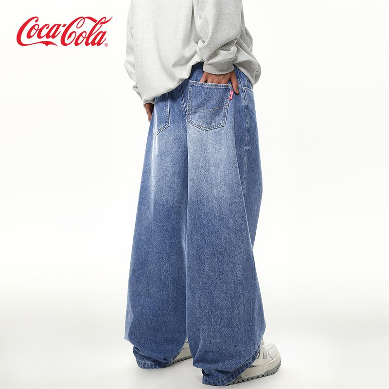 Coca-Cola/可口可乐打褶扎花条纹切割弯刀宽松休闲浅蓝牛仔裤男女