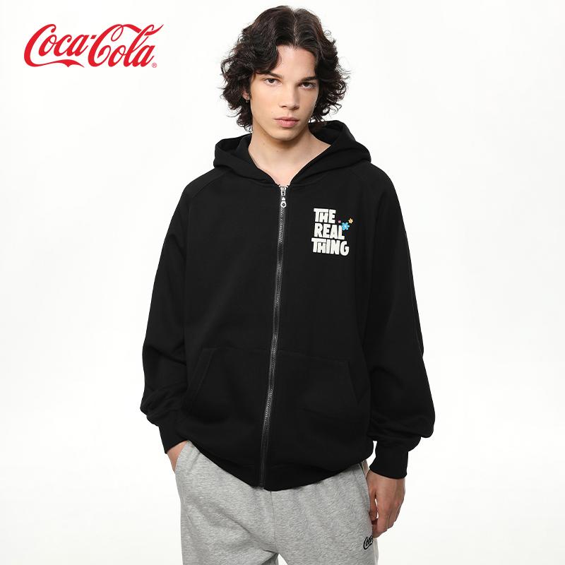 Coca-Cola可口可乐 花卉字母Logo印花插肩袖美式开衫连帽外套卫衣
