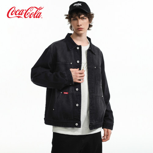 Coca-Cola/可口可乐 男女同款美式复古多口袋翻领水洗牛仔外套 - 图0