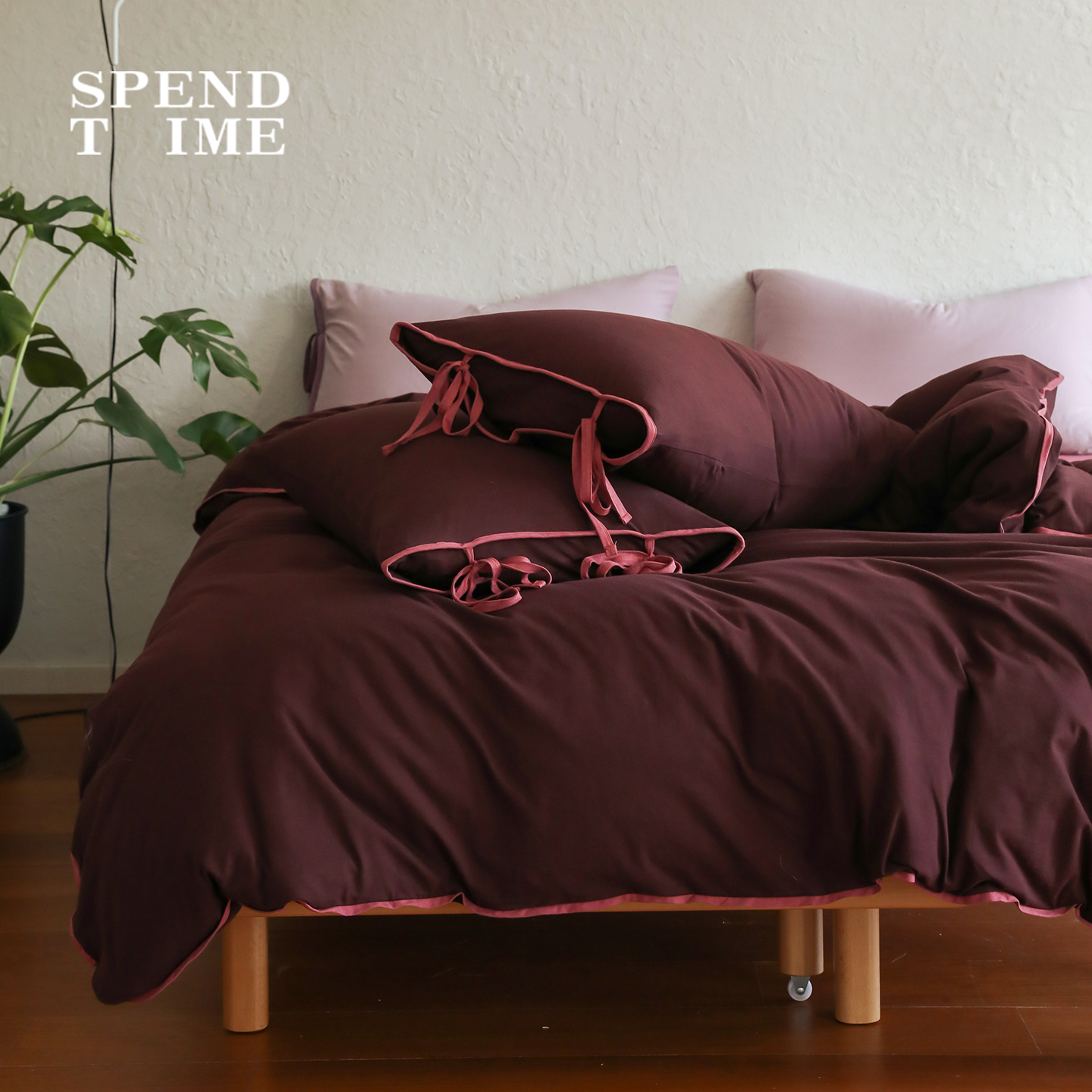 花时间生活原创撞色绑带针织棉100全棉四件套亲肤裸睡床单床笠 - 图2