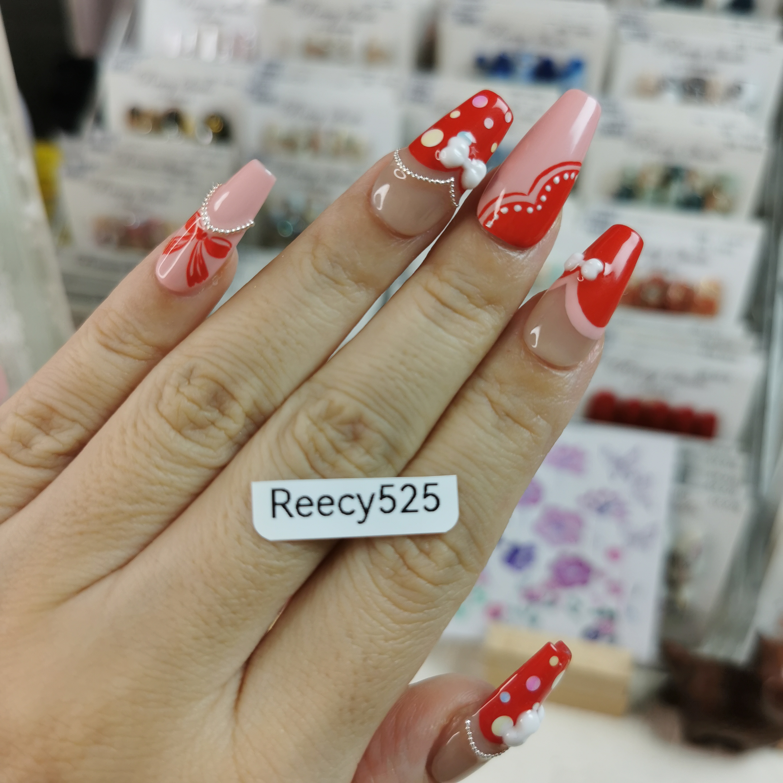 【Reecy手工穿戴甲】C022 双色波点立体蝴蝶结波浪法式手工穿戴甲 - 图1