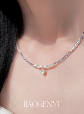 鲛人语/波尔多蓝 原创极细碎冰蓝高亮米珠锆石爱心氛围感项链