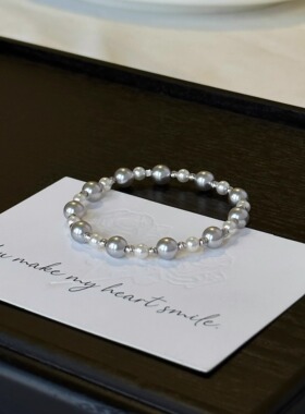 鲛人语/爆闪！小银珠 原创s925银手链真多麻灰色间隔施家珍珠小众