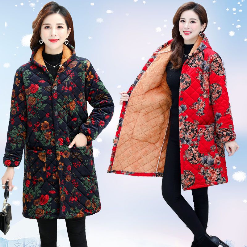 四川省服中老年罩衣女装连帽中长款外套保暖棉袄棉衣妈妈棉服外套 - 图0