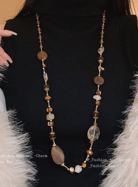 不规则汉白玉玛瑙串珠项链民族风复古秋冬毛衣链小众时尚设计项饰