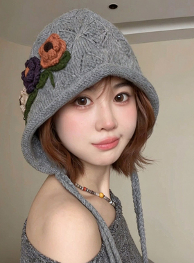 复古手工钩针花朵针织帽女保暖