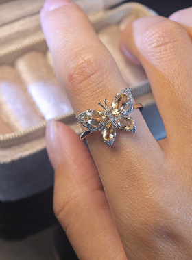 天然黄水晶蝴蝶戒指镶嵌s925银彩宝戒指时尚个性首饰