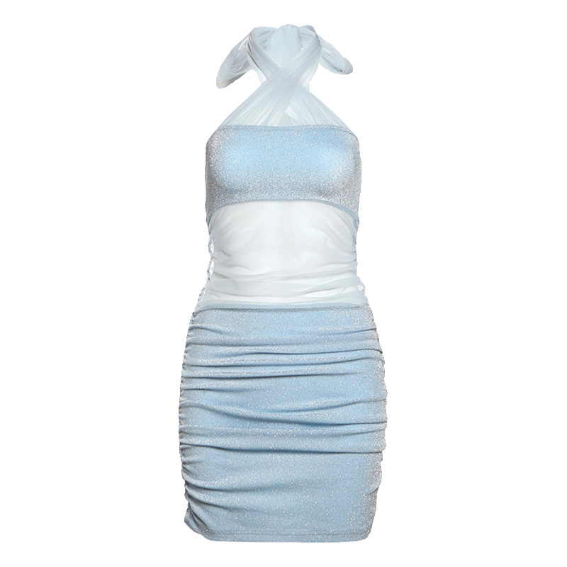 WEIRD PUSS 自愈冰川蓝bling亮晶晶网纱连衣裙女 夏日清爽连衣裙