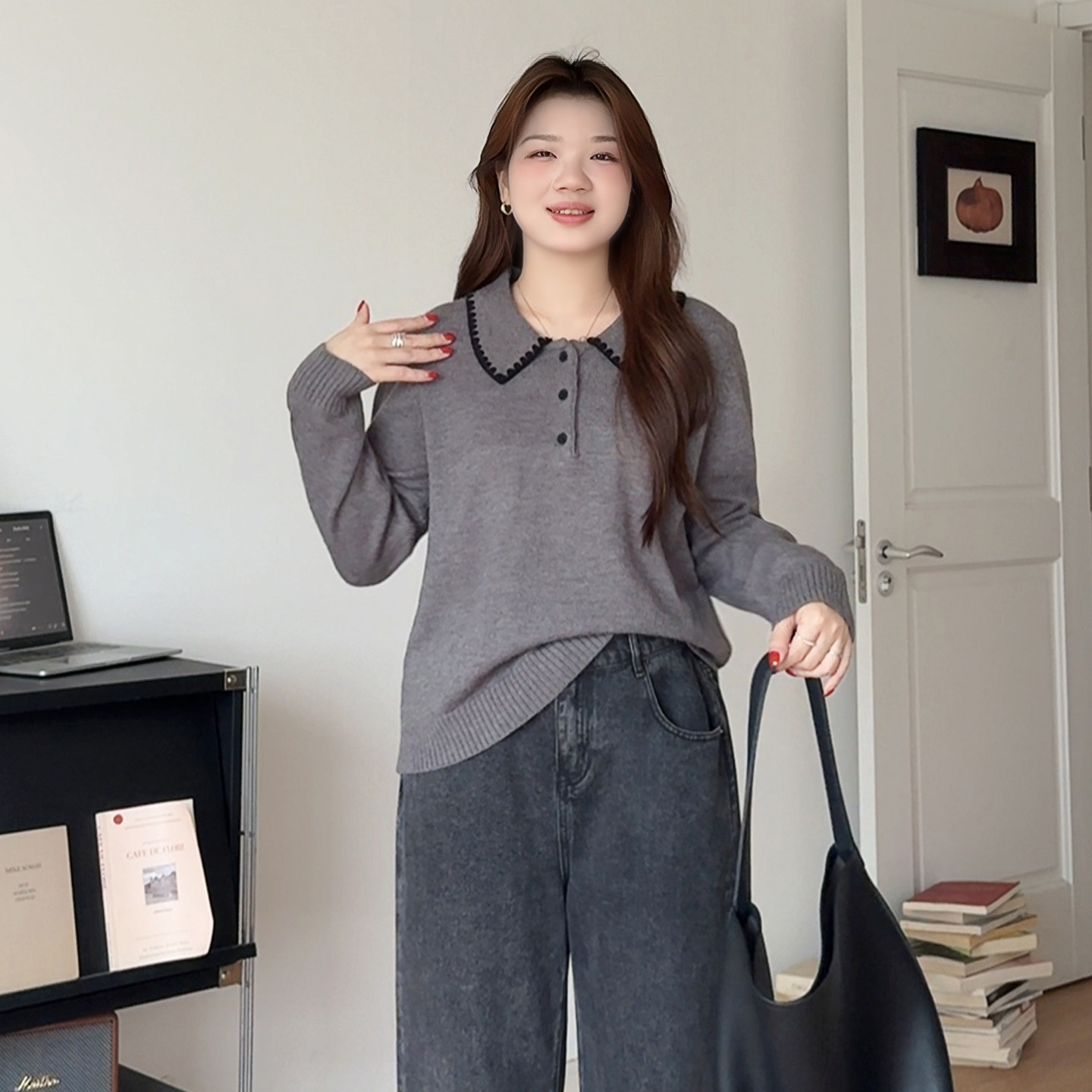 微胖的喵喵大码女装气质减龄毛衣胖mm秋冬翻领百搭显瘦针织衫8719,淘宝优惠券,粉丝福利购,淘宝优惠卷