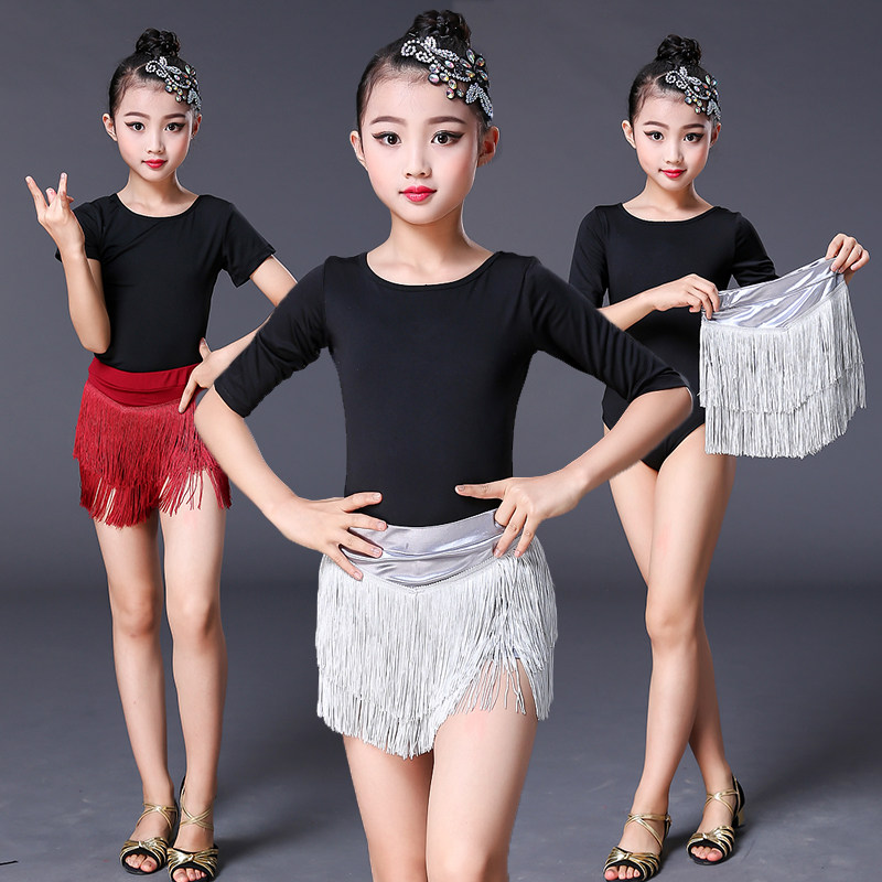 萌少儿拉丁舞服新款儿童恰恰银色分体流苏裙下装练习表演服半身裙 - 图3