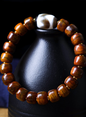 原创设计藏饰牦牛骨炸裂纹桶珠手串文玩虎牙天珠民族风手链批发