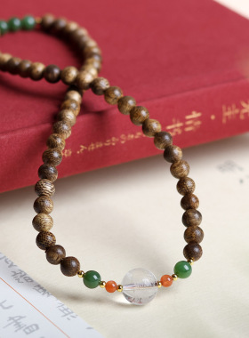 原创新中式文莱沉香木两圈手串天然白水晶心经碧玉文玩手链批发女