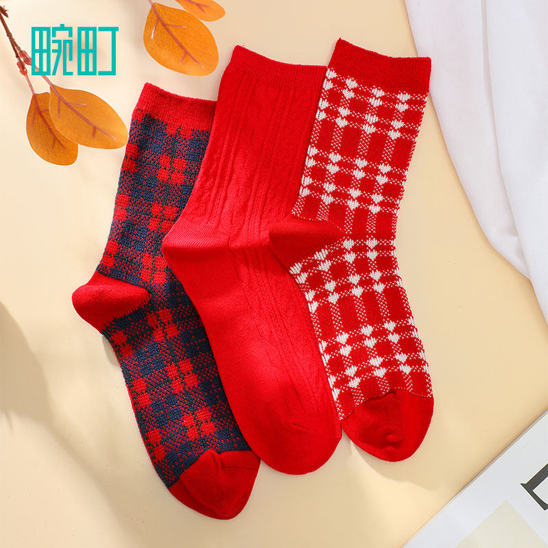 畹町2021秋冬新款圣诞红高帮长袜子 畹町短袜/打底袜/丝袜/美腿袜