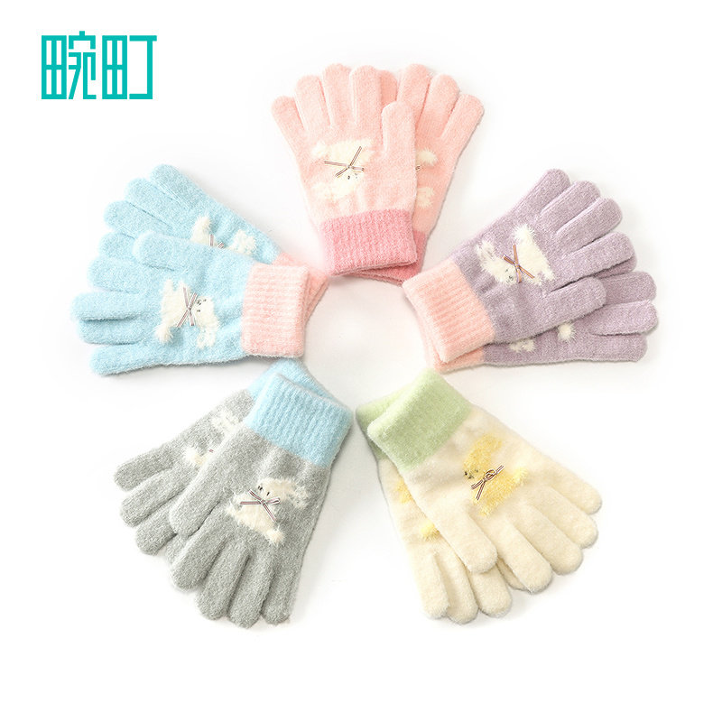 畹町儿童手套女孩秋冬季薄绒保暖可爱毛绒小兔子大童五指针织手套,淘宝优惠券,粉丝福利购,淘宝优惠卷