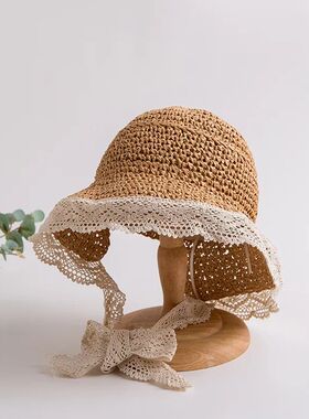 Women's Summer Lace Ribbon Straw Panama Hat Anti-UV Woven Ca