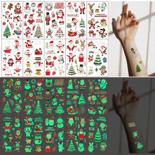 10 Sheets Christmas Luminous Tattoo Stickers,Cartoon Snowman - 图0