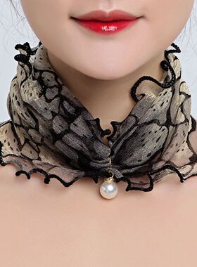 Women Fake Pearl Pendant Neckerchief Print Lace Fake Collar